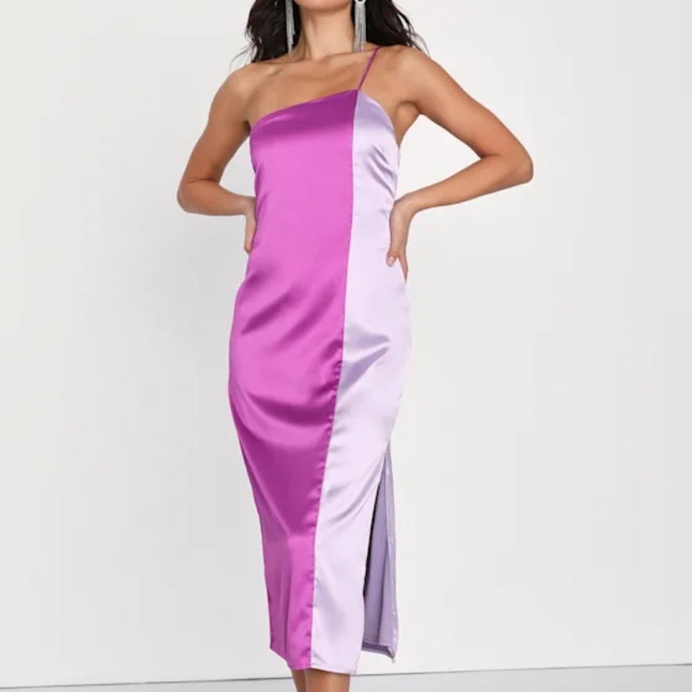 Lulu’s Asymmetrical Two-Tone Satin Slip Dress in Magenta & Lilac Large